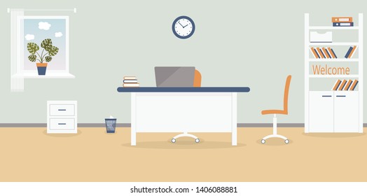 Interior of working place in the office on the light grey background. Vector illustration. Furniture: table, chair, cabinet with folders and books.Wall clock,monstera,window,bin. For advertising,sites