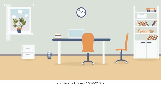 Interior of working place in the office on the light grey background. Vector illustration. Furniture: table, chair, cabinet with folders and books.Wall clock,monstera,window,bin. For advertising,sites