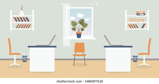 Interior of working place in the office on the light grey background. Vector illustration. Furniture: table, chair, shelf with folders and books.Wall clock,monstera,window,bin. For advertising,sites