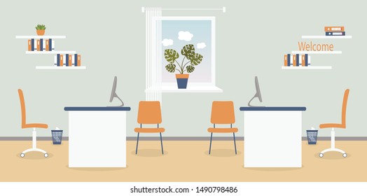 Interior of working place in the office on the light grey background. Vector illustration. Furniture: table, chair, shelf with folders and books.Wall clock,monstera,window,bin. For advertising,sites