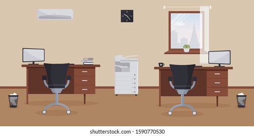 Interior of working place in the office on the light cream background. Vector illustration. Furniture: table, chair. Air conditioning, multifunction device and wall clock. For advertising,sites 