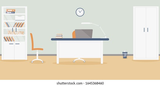 Interior of working place in the office on the light grey background. Vector illustration. Furniture: table, chair, cabinet with folders and books.Wall clock,lamp,wardrobe,bin. For advertising,sites