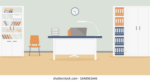 Interior of working place in office on the light grey background. Vector illustration. Furniture: table, chair, cabinet with folders and box,paper stand.Wall clock,lamp,wardrobe. For advertising,sites