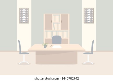 Interior of working place in the office. Vector illustration. Furniture: table, chair, cabinet with folders,paintings,plant in pot,paper,pen. For advertising,sites