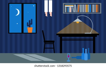 The interior of the working room of a drinking writer. Vector illustration in flat design style