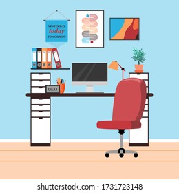 Interior of the working room. Vector banner. Design of a cozy room with work desk and decor accessories. Vector illustration about interior