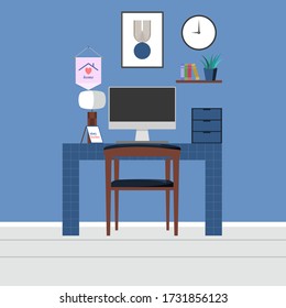 Interior of the working room. Vector banner. Design of a cozy room with work desk and decor accessories. Vector illustration about interior