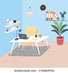 Interior of the working room. Vector banner. Design of a cozy room with window, decor accessories and work desk. Hand drawing style vector illustration