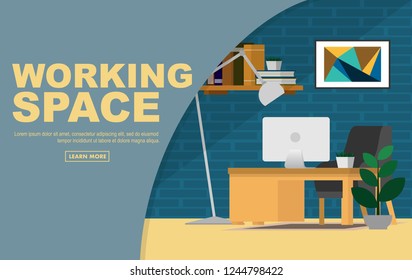 Interior working space in house or home office in warming color tone with copy space for text in wallpaper style