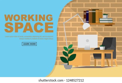 Interior working space in house or home office in warming color tone with copy space for text in wallpaper style