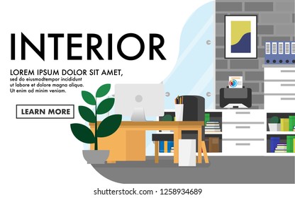 Interior working space in house or home office in warming color tone with copy space for text in wallpaper style