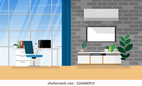 interior working space in house or home office in warming color tone with copy space for text in wallpaper style