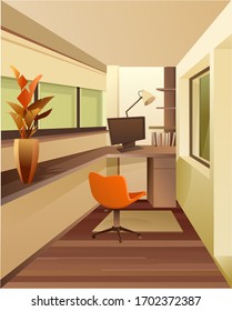 interior workplace arranged on the balcony workroom isolated quiet space for comfortable work at home freelance vector vertical illustration flat design