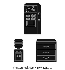 Interior of the workplace black icons in set collection for design. Office furniture vector symbol stock web illustration.