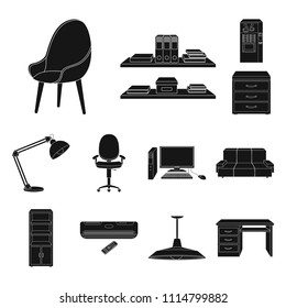 Interior of the workplace black icons in set collection for design. Office furniture vector symbol stock web illustration.