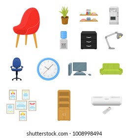 Interior of the workplace cartoon icons in set collection for design. Office furniture vector symbol stock web illustration.