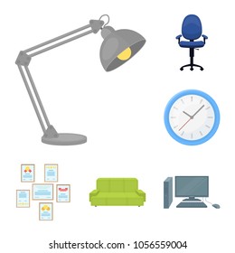 Interior of the workplace cartoon icons in set collection for design. Office furniture vector symbol stock web illustration.