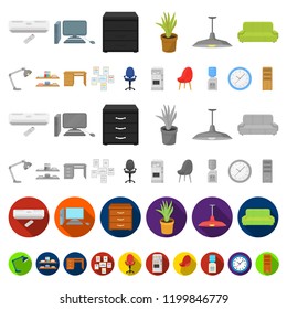 Interior of the workplace cartoon icons in set collection for design. Office furniture vector symbol stock web illustration.