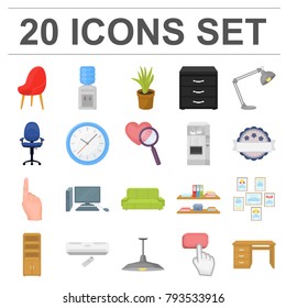 Interior of the workplace cartoon icons in set collection for design. Office furniture vector symbol stock web illustration.