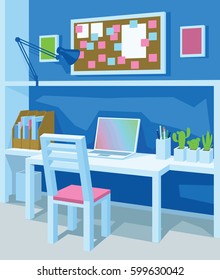 Interior of workplace in cartoon style. Home Office in Blue Color. Workspace with desk, laptop, board with notes, frames, chancellery, lamp, chair and plants. Scene for artworks. Vector illustration.