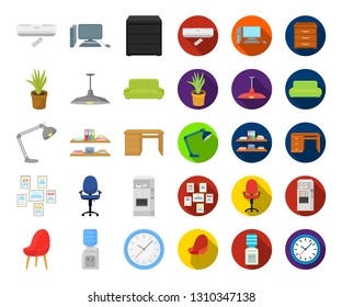 Interior of the workplace cartoon,flat icons in set collection for design. Office furniture vector symbol stock web illustration.