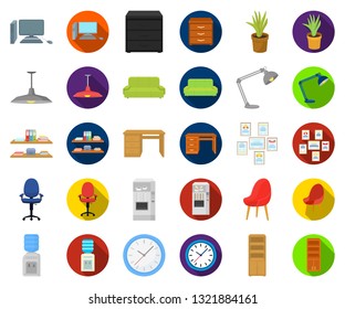Interior of the workplace cartoon,flat icons in set collection for design. Office furniture vector symbol stock web illustration.