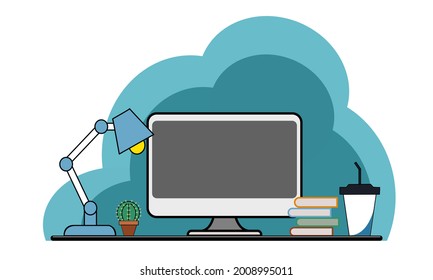 Interior workplace with computer monitor on the table, table lamp, books, cactus,  and plastic tumbler. vector image. 
