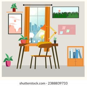 Interior Workplace, cozy paintings and plants, chest of drawers with books, window with view winter city, modern table and chair. Vector flat illustration Minimalism.