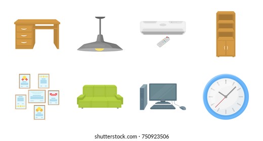 Interior of the workplace icons in set collection for design. Office furniture vector symbol stock  illustration.