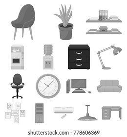 Interior of the workplace monochrome icons in set collection for design. Office furniture vector symbol stock web illustration.
