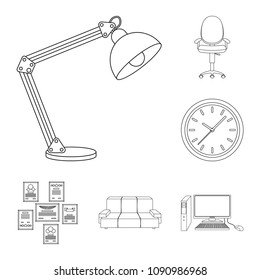 Interior of the workplace outline icons in set collection for design. Office furniture vector symbol stock web illustration.