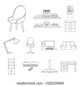 Interior of the workplace outline icons in set collection for design. Office furniture vector symbol stock web illustration.
