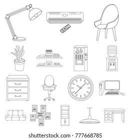 Interior of the workplace outline icons in set collection for design. Office furniture vector symbol stock web illustration.