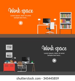 Interior workplace. Two horizontal banner. Flat style
