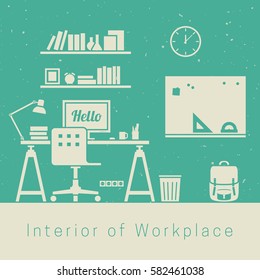Interior of Workplace. Vector silhouette of room interior with workplace.