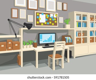Interior of workroom in cartoon style. Perspective. Workplace with desk, PC, board, notes, frames, cupboard, books, boxes, lamp, chair, gray walls and plants. Scene for artworks. Vector illustration.