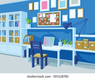 Interior of Workroom. Perspective. Workplace with desk, laptop, board with notes, frames, cupboard, books, boxes, lamp, chair. Home office with Blue Wall. Scene for your artworks. Vector illustration.