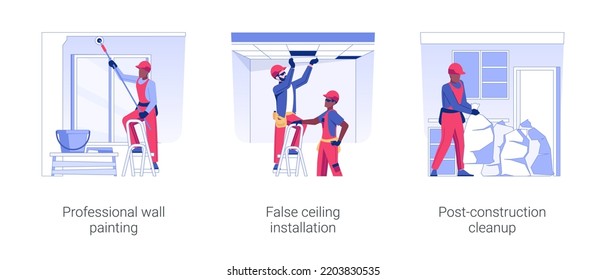 Interior Works At Commercial Construction Isolated Concept Vector Illustration Set. Professional Wall Painting, False Ceiling Installation, Post-construction Cleanup Vector Cartoon.