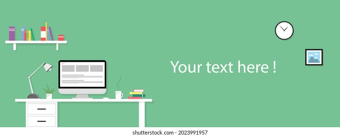 The interior of the workspace, with a computer and other accessories. Empty space for text. Panoramic image.