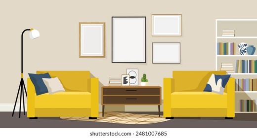 Interior with yellow armchairs, photo frames on the wall and table with accessories. Classic interior with picture layouts. Vector illustration.