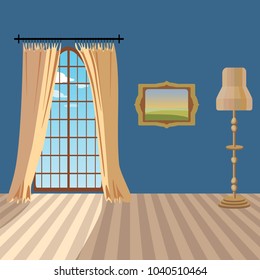 Interior with yellow furniture. Antique wooden furniture. An armchair and a floor lamp on a wooden parquet. Light curtains. Turquoise walls with a picture. Morning sky with clouds behind with a wind