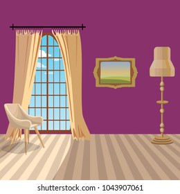 Interior with yellow furniture. Antique wooden furniture. An armchair and a floor lamp on a wooden parquet. Light curtains. Purple walls with a picture in the frame. Morning sky with clouds behind wit