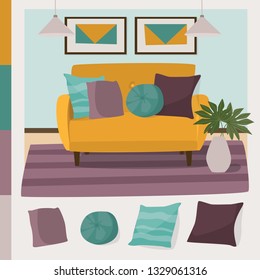 Interior with a yellow sofa. Vector illustration.