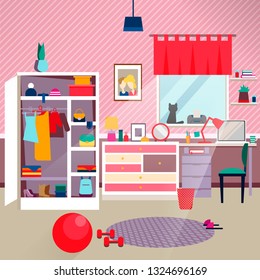 Interior of a young girl. Vector flat illustration.