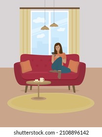 Interior. Young woman resting in the room on the couch browsing mobile phone. Hall interior. Vector illustration 