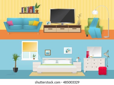 Interiors flat compositions with comfortable furniture at lounge and bedroom in blue white colors isolated vector illustration