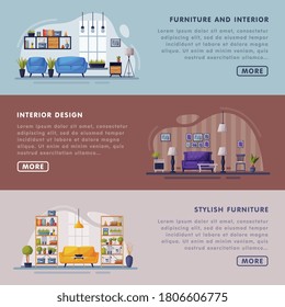 Interiors and Furniture Design Landing Page Templates Set, Trendy Cozy Apartments Space, Creation Home Interior Website Vector Illustration