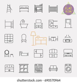 interiors furniture line icon set