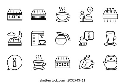 Interiors Icons Set. Included Icon As Cappuccino, Flexible Mattress, Coffee Cup Signs. Coffee Machine, Latex Mattress, Teacup Symbols. Coffeepot, Teapot, Mint Tea Line Icons. Vector