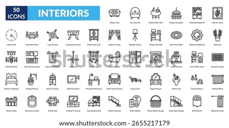 Interiors Line Icon Set. Modern Sofa, Cozy Armchair, Coffee Table, Chandelier, Bookshelf, Wall Art Frame, Indoor Plant